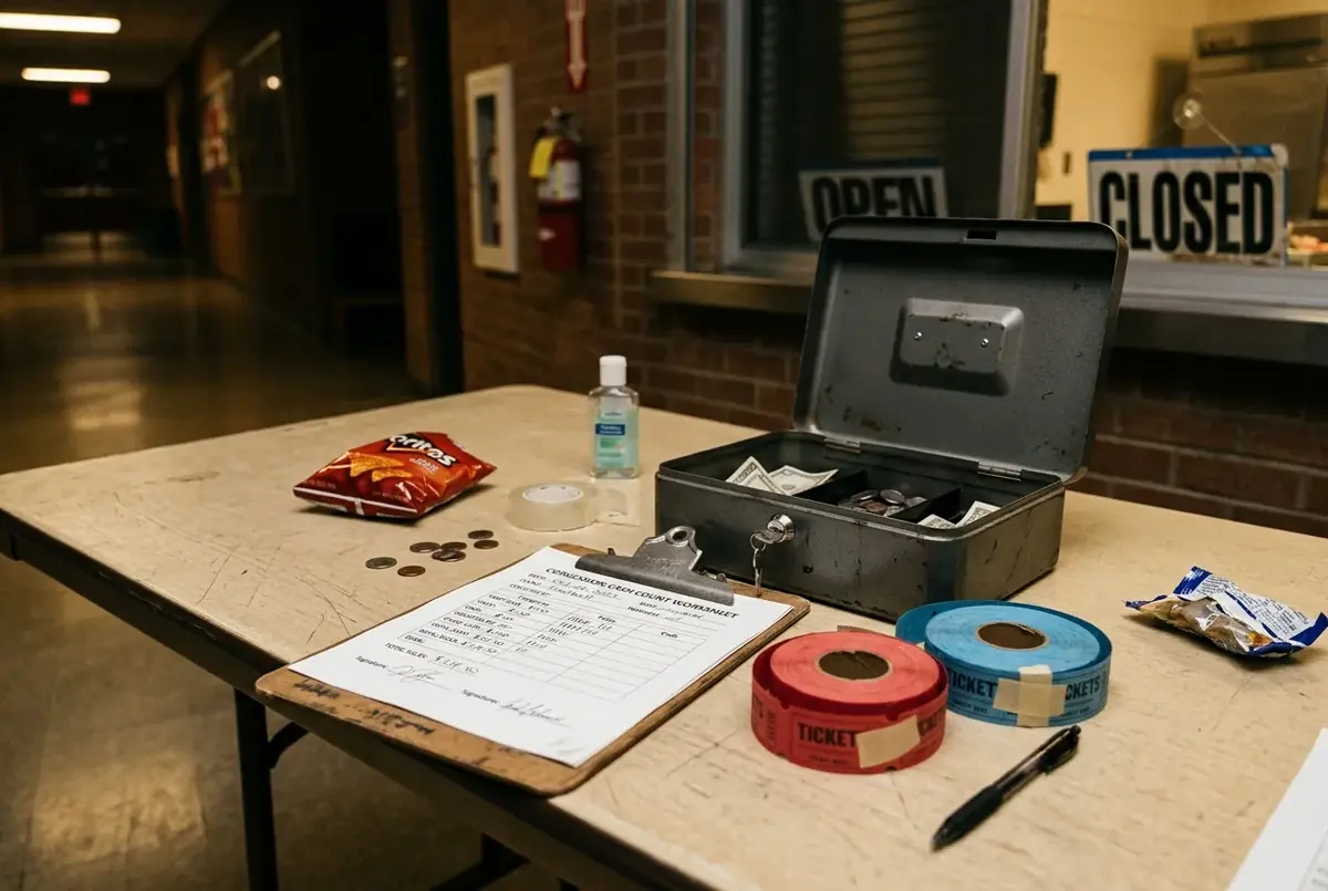 Cash box, concession notes, ticket roll, and printed closeout sheet on an event desk